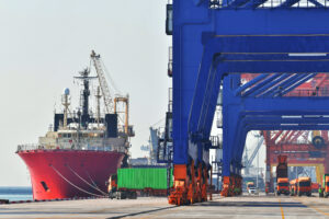 Cargo ship docked at an Indian port